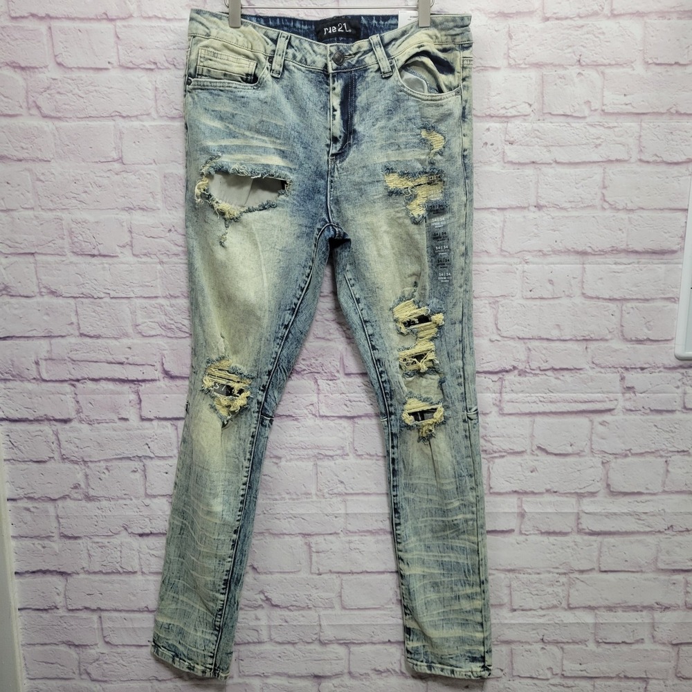 NEW Rue21 Acid Washed Slim Fit Denim Jeans Mens 34x34‎ Distressed Biker Grunge